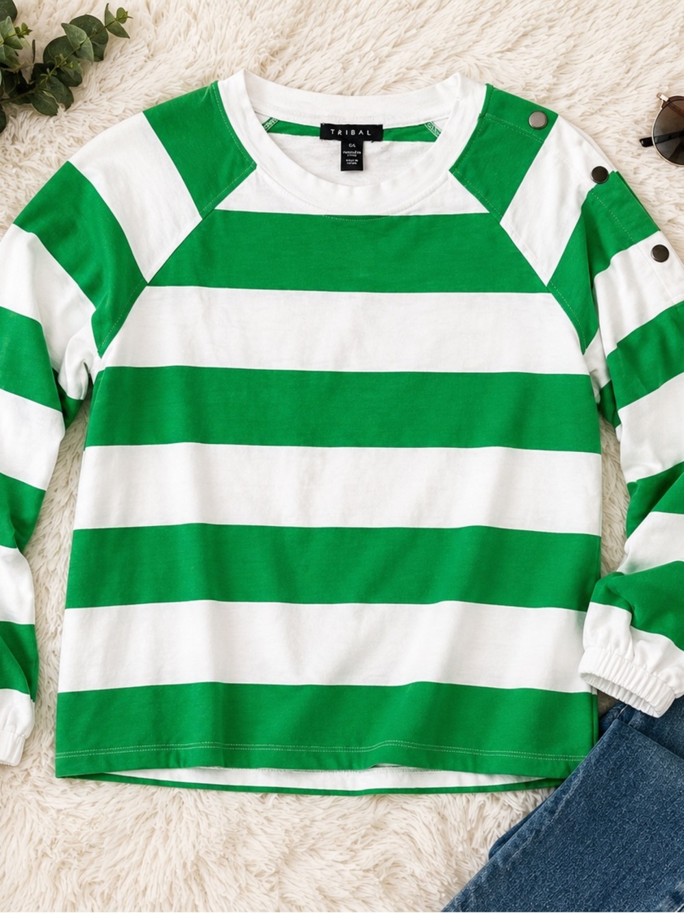 Tribal Green & White Striped Kids Long Sleeve Shirt with Shoulder Buttons